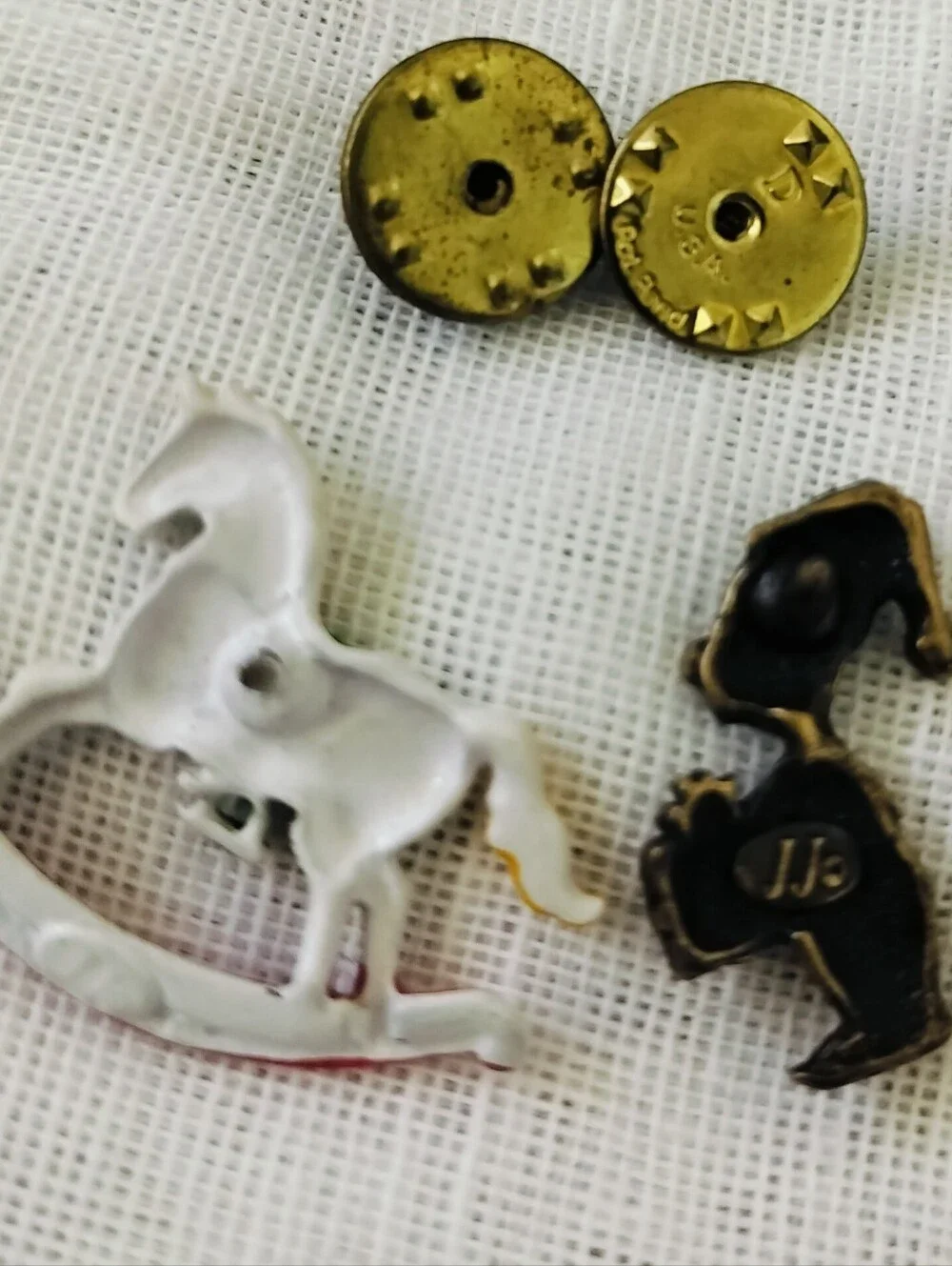 Vintage Signed JJ Jonette Rocking Horse & Elf with Gift Figural Brooch Pin Set